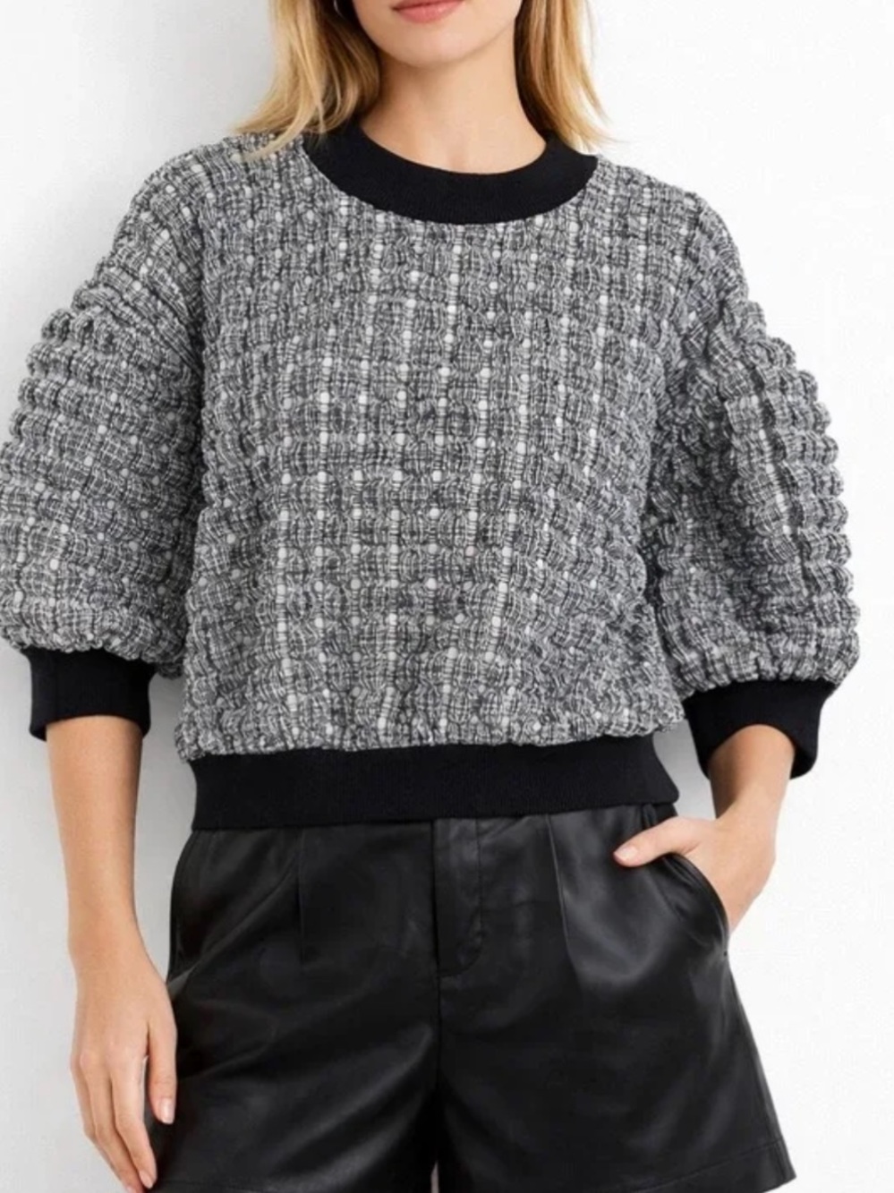 Anthropologie Maeve Puffed Sleeve Bubble Textured Cropped Top
